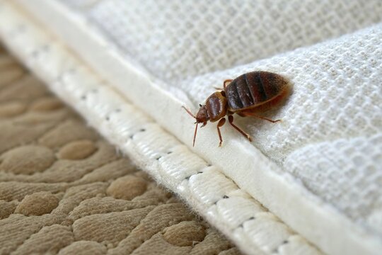 A close-up of an adult bed bug with an oval, reddish-brown body crawling along the edge of a white mattress and textured bedding.